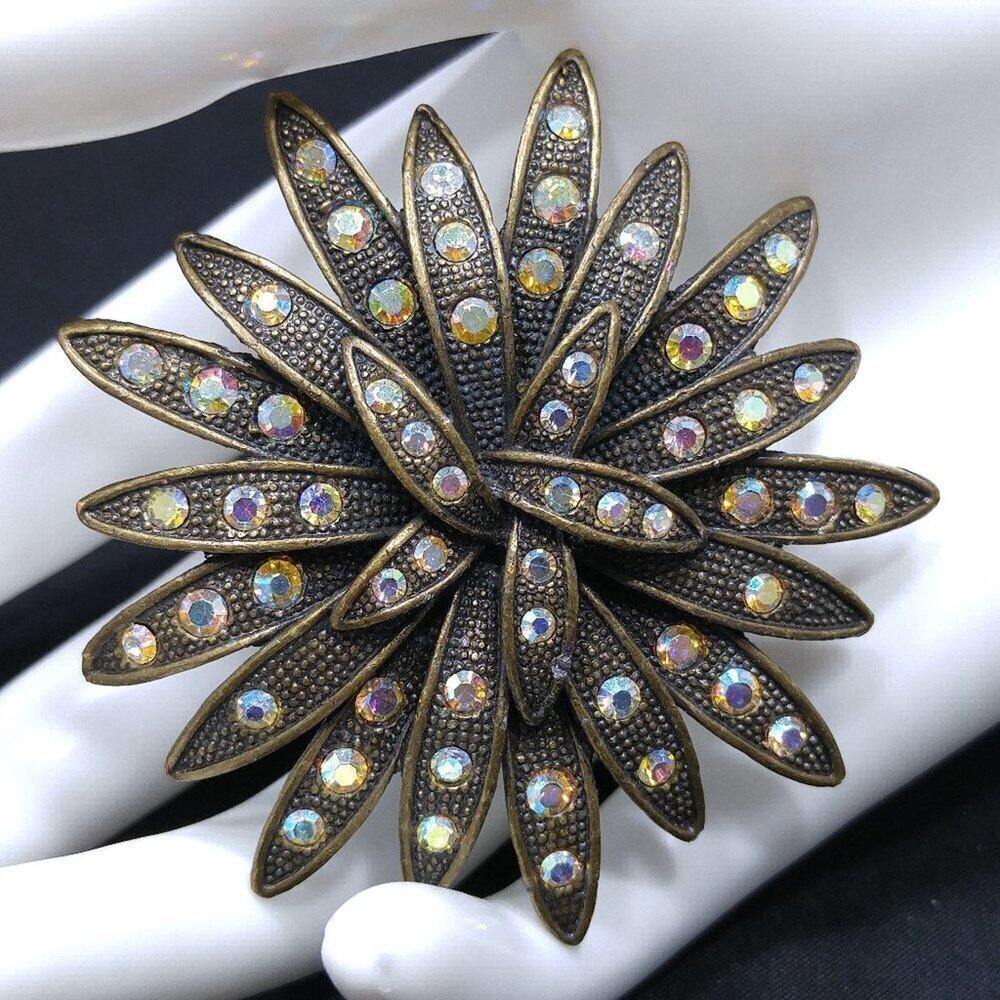 Vintage Flower Rhinestone Brooch, Bronze Tone, AB Rhinestones, 1990, 2 1/2 Inch